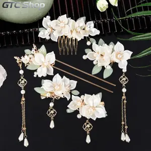 5 Pack Camellia Tassel Hairpins, Crystal Rhinestone & Pearl Hair Clips, Retro Floral Headpiece, Elegant Hair Accessories for Women & Girls, Ideal for Hanfu, Wedding, Bridal Looks, Updos and Long Hairstyles