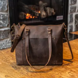 Full Grain Leather Tote Bag - Handcrafted Rustic Purse with Adjustable Strap