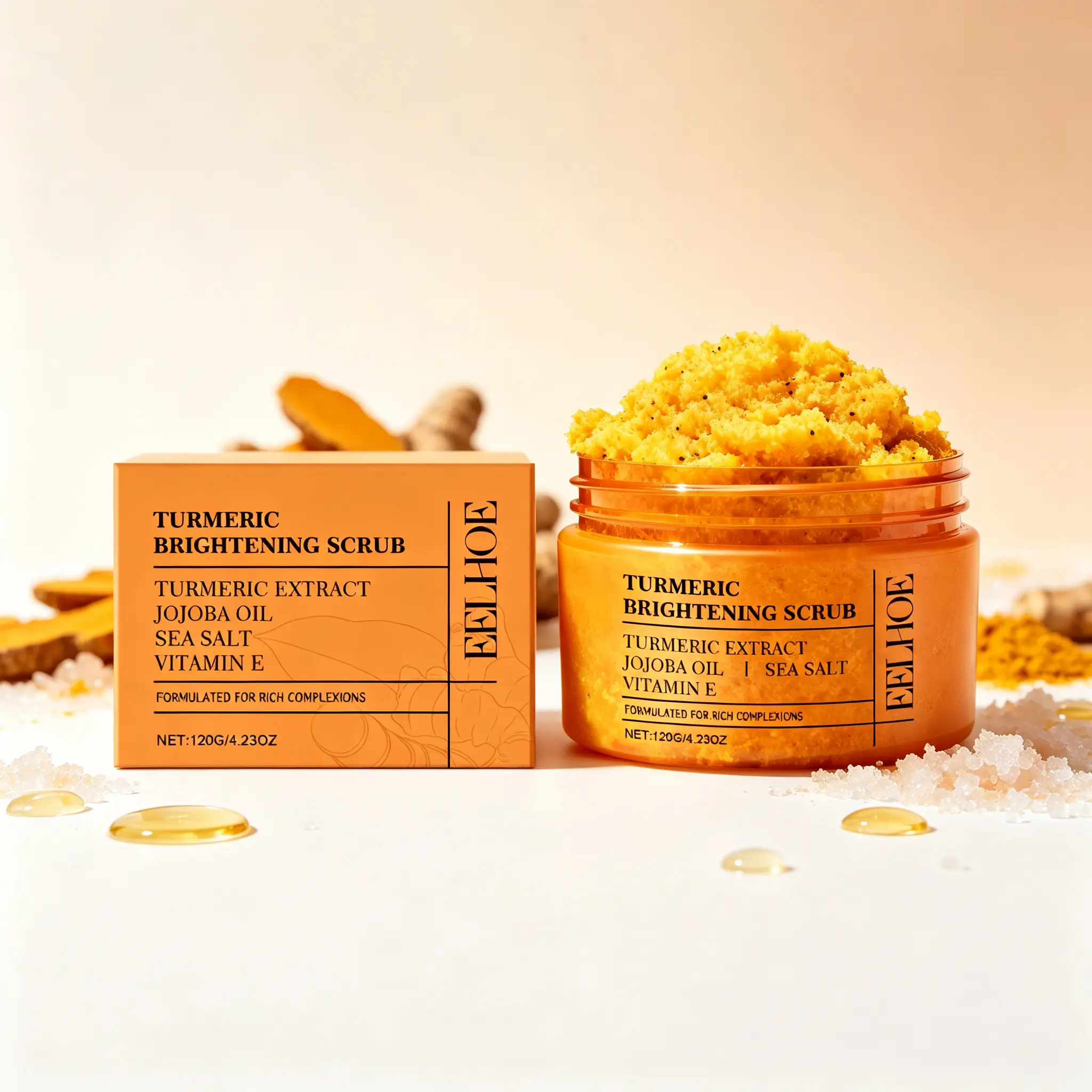 Turmeric Body Scrub (120g) - Gentle Exfoliant with Jojoba Oil, Sea Salt & Vitamin E for Smooth, Glowing Skin, Nourishing Bath & Body Care Product