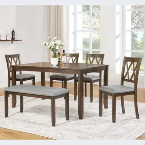 Wooden Dining Table Set with Bench and 4 Chairs. 6-piece Modern Dining Table Set for 6 People, Rectangular Dining Table Set for Living Room, Kitchen and Dining Room, Walnut
