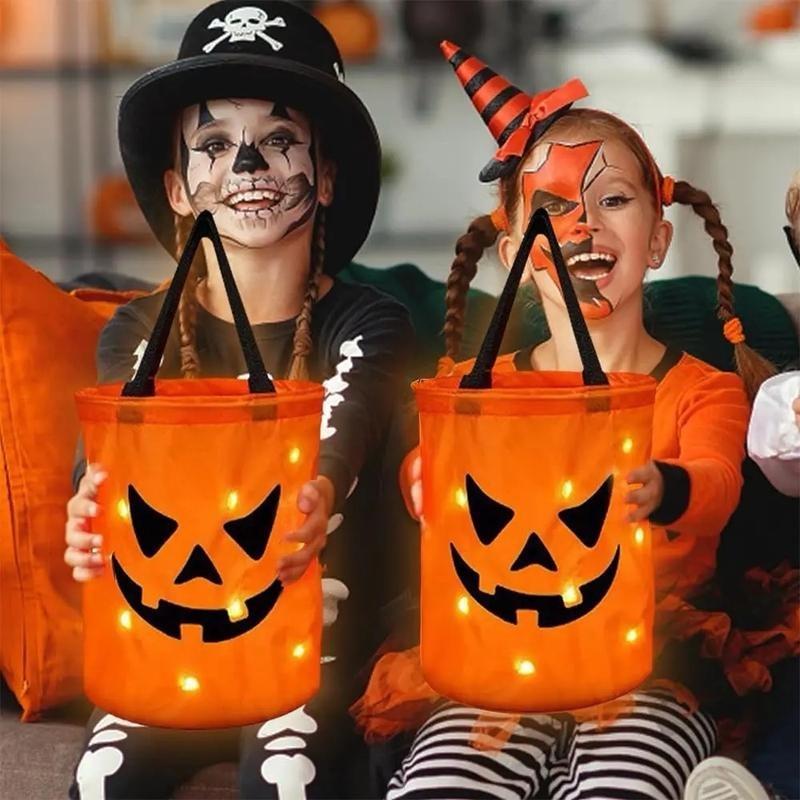 带LED灯的万圣节糖果桶,适合儿童和成人的捣蛋袋,万圣节篮子,可重复使用的夜灯南瓜糖果篮,儿童手提袋派对用品