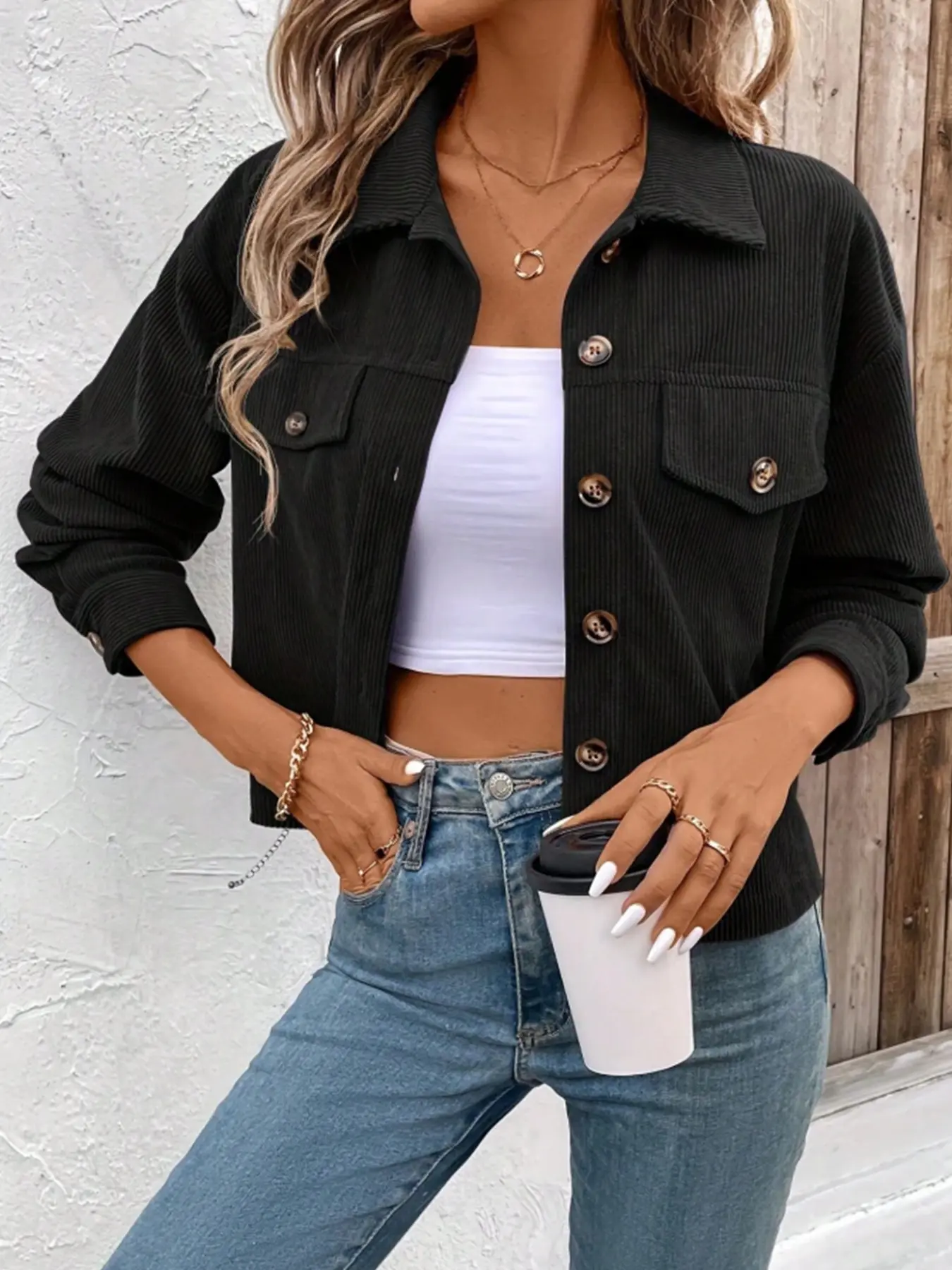 Women's Retro Workwear Style Plain Button Front Drop Shoulder Corduroy Fabric Fitted Jacket, Casual Long Sleeve Lapel Coat for Spring & Fall Outerwear