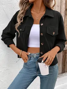 Women's Retro Workwear Style Plain Button Front Drop Shoulder Corduroy Fabric Fitted Jacket, Casual Long Sleeve Lapel Coat for Spring & Fall