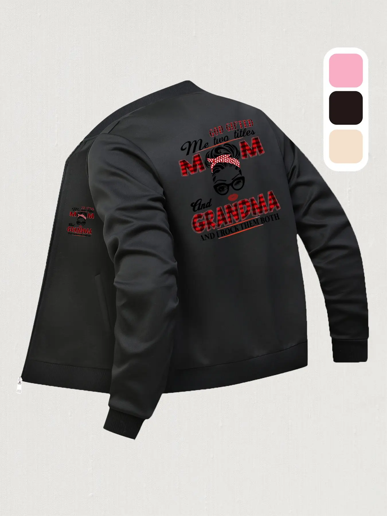 Mom & Grandma Text Printed Baseball Jacket - Perfect for Autumn & Winter, Casual Daily Wear, Fashionable Design