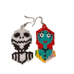 Jack and Sally Beaded Earrings - Handmade Native American Artisanal Nightmare Before Christmas Inspired Lightweight Casual Jewelry