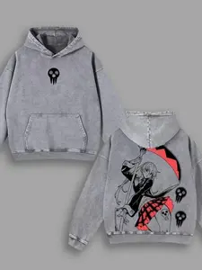 Maka Albarn Soul Eater Retro Anime Washed T-Shirt Hoodie, Gothic Comic Streetwear Otaku Style, Long Sleeve Pullover Sweatshirt, Casual Solid Graphic Tee, Breathable Comfortable, Gift for Manga Fans FXI