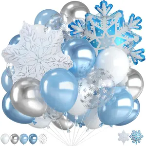 Blue Snowflake Balloons,12 Inch Blue Silver White Clear Balloons with Snowflake and Foil Balloon for Winter Wonderland Holiday Birthday Shower Snow Christmas Party Decorations