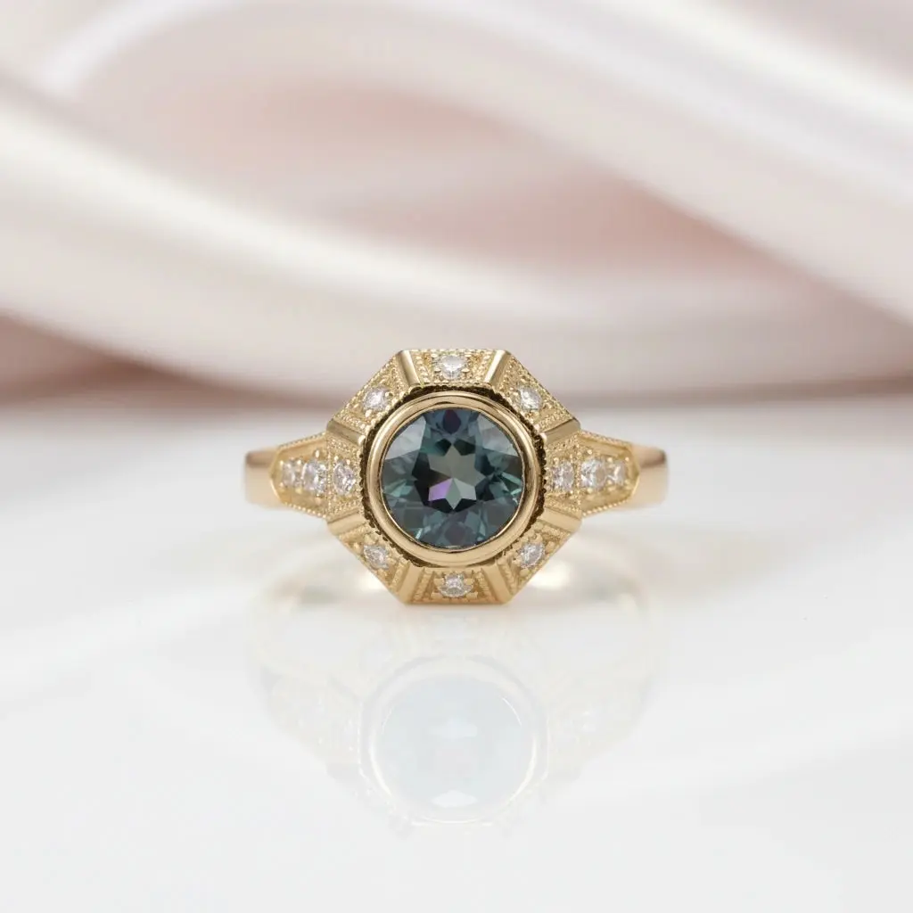 14k Yellow Gold Round Cut Alexandrite Filigree Engagement Ring