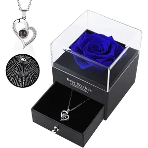 Preserved Flowers Gifts Preserved Blue Real Rose with I Love You Necklace