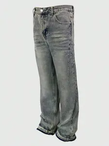 Men's Patchwork Micro Flare Jeans, American Style Trendy New Arrival, Versatile Fashion Washed Denim, Loose Cotton Fabric