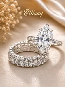 Effinny 14K Gold Plated Non Tarnish 3.5ct Marquise Cut 3PC Wedding Ring Set, CZ Trendy Promise Jewelry with 2 Eternity Bands for Travel-friendly