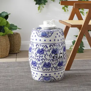 JONATHAN Y Lotus Flower 17.8" Chinoiserie Ceramic Drum Garden Stool, Blue/White