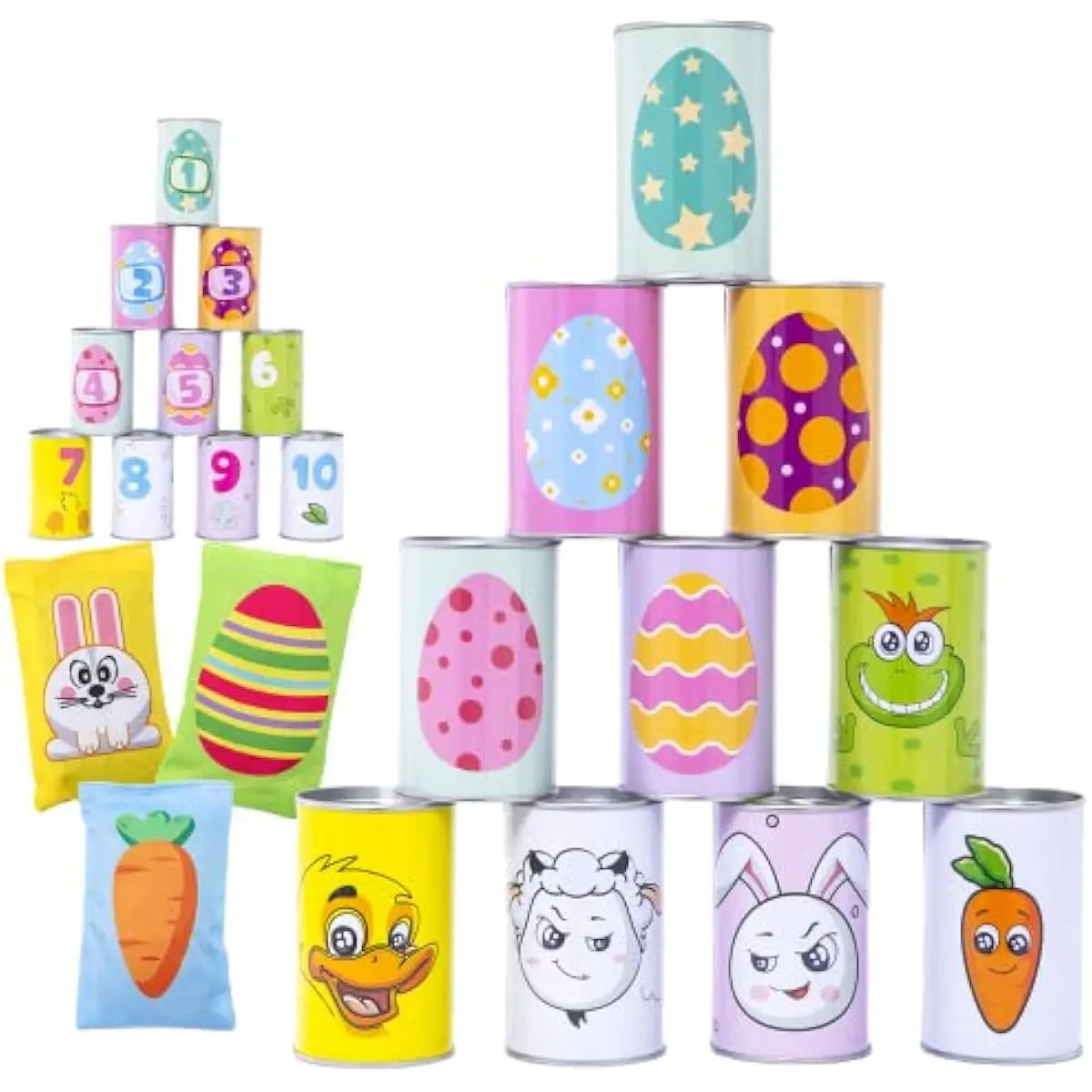 13 Pcs Easter Carnival Knockdown Can Game Set, Bean Bag Toss Game for Kids Adults, Indoor Outdoor Games Supplies, Easter Theme Party Games, Egg Hunt, Family Activities Lawn Yard Game