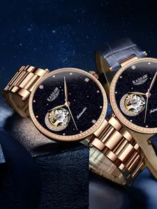 Kassaw Women's Hollow Mechanical Watch, Starry Dream Wind, Blue Meteor Dial, Phase Cutout, Diamond Bezel, Perfect for Dating Parties