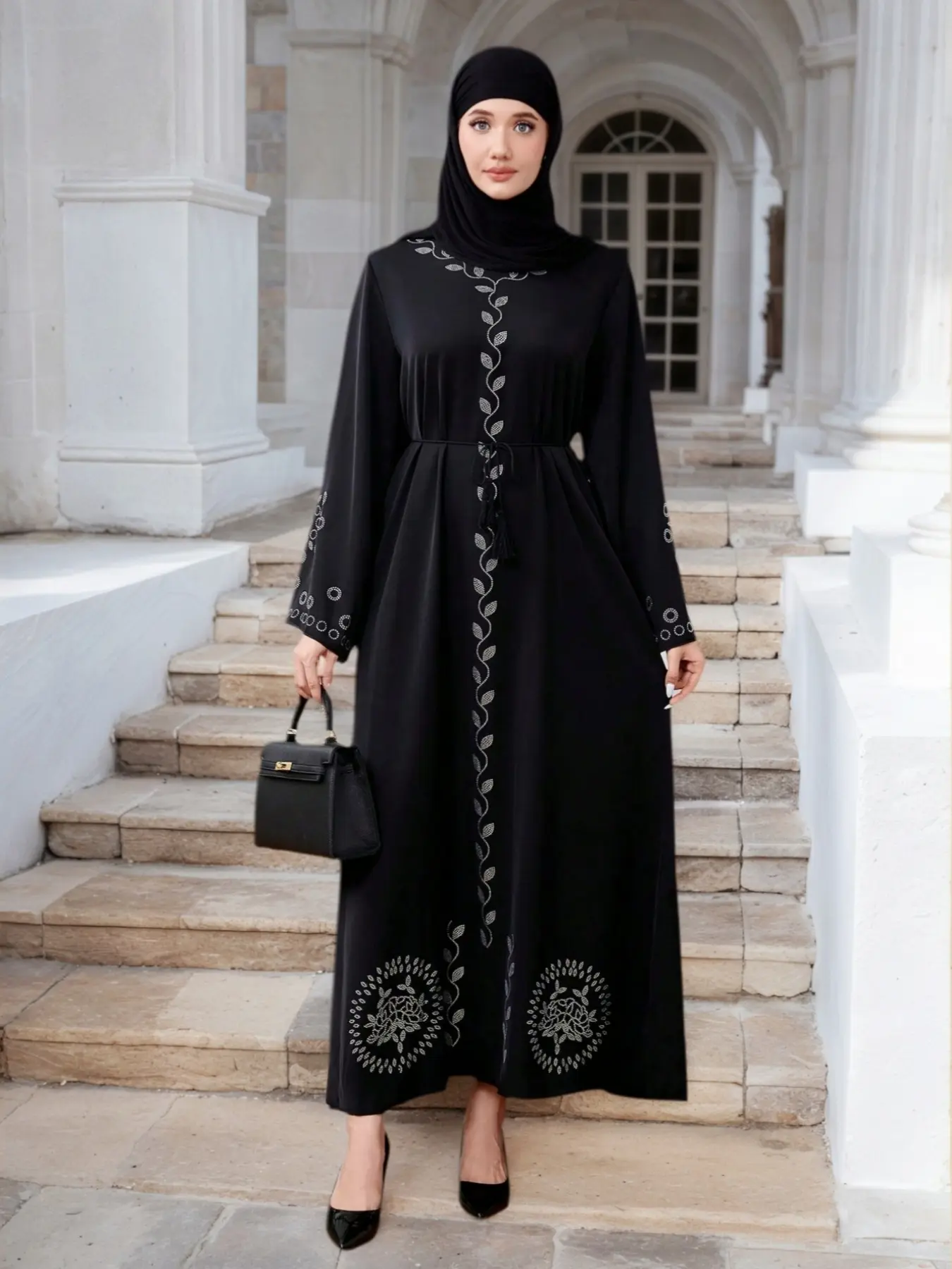 Elegant Vintage V-Neck Dubai Muslim Clothing Islamic Floral Embellished Abaya Dress for Women, Fashionable National Style Long Robe with Diamond Embroidery, Perfect for Arab Occasions