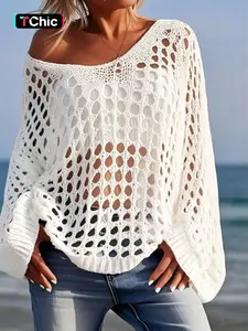 Women's Knitted V-Neck Long Sleeve Pullover Hollow Out Shoulder Exposed Loose Hoodie Casual Beach Vacation Spring Summer Womenswear Knitwear