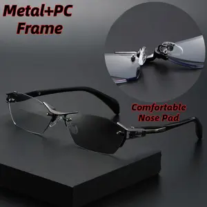 Trending Rimless Photochromic Reading Glasses with Blue Light Blocking Auto-Focusing Presbyopia Metal Frame UV400 for Tablets Smartphones Comfortable Nose Pad Unisex Burgundy Glasses for Modern Comfort pinhole glass