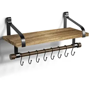 Floating Shelf Wall Shelf for Storage Rustic Wood Kitchen Spice Rack with Towel Bar and 8 Removable Hooks for Organize Cooking Utensils or Mugs Carbonized Black