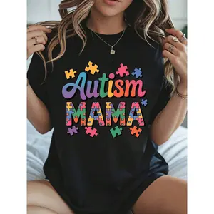Autism Mama T Shirt, Colorful Puzzle Pieces Design For Autism Awareness Mothers Day Gift Women Casual Wear Top,Comfortable & Breathable Material,Everyday Outfit,Machine Washable Casual Top