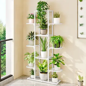 GARVEE Metal Plant Stand with 5 Shelves for 12 Pots, Stable and Quick, Modern Indoor Plant Holder, Pot Support, Outdoor Shelves for Garden/Living Room, White, 62.5 x 23 x 126 cm