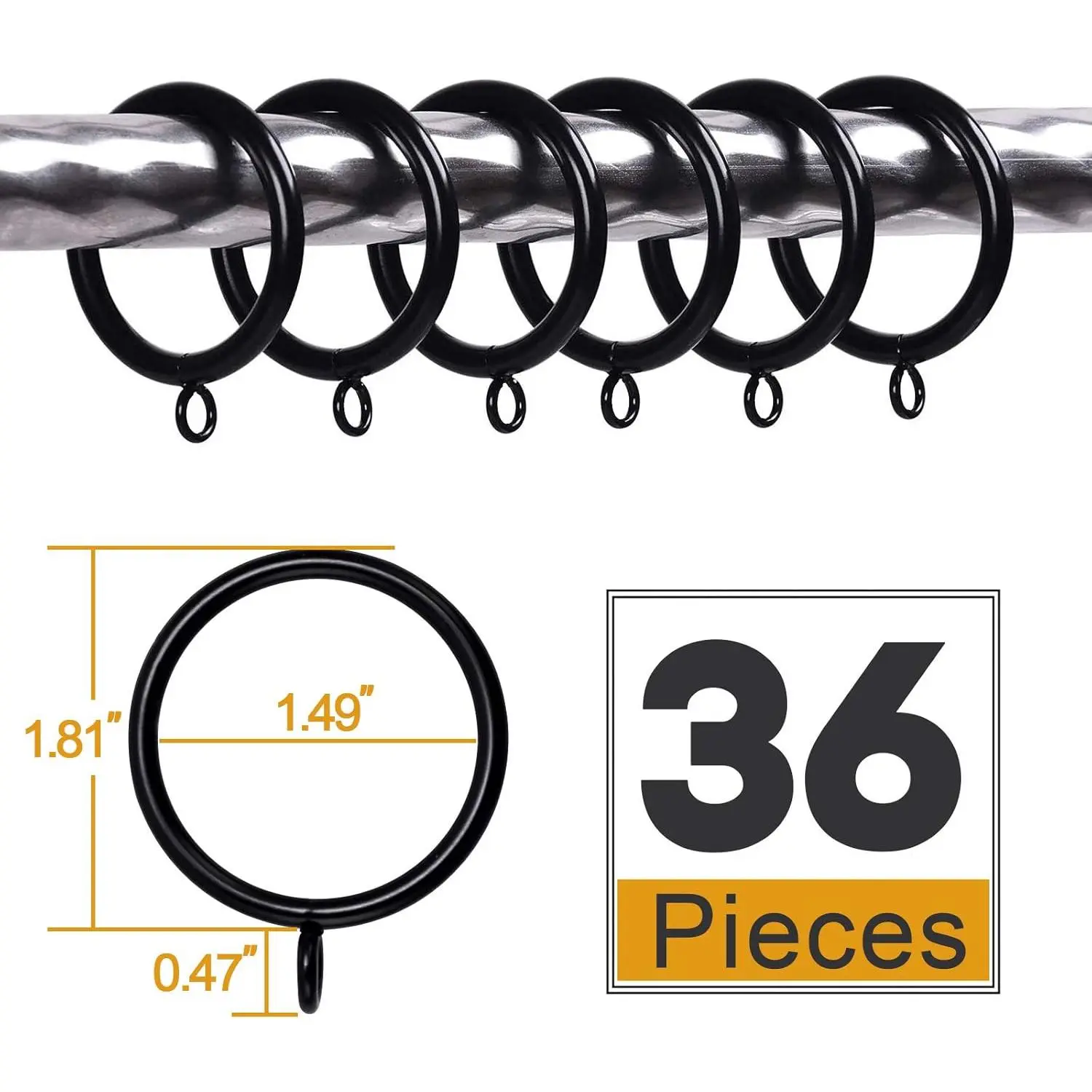 36 PCS 38mm Inner Diameter Curtain Rings, Metal Curtain Drape Sliding Eyelet Rings-Hanging Rings for Curtains and Rods Black Tone