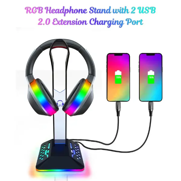 RGB Gaming Headphone Stand with USB Ports | LED Headset Holder with 2 USB 2.0 Charging & Data Ports | Desk Headphone Stand for PC, PS5 & Xbox | Gaming Desk Accessories & Gamer Gift