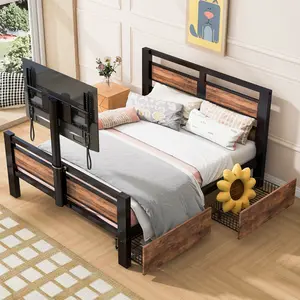 Twin Size Bed with Rotating TV Mount and 2 Storage Drawers, Metal Platform Bed Frame with Wooden Headboard and Footboard