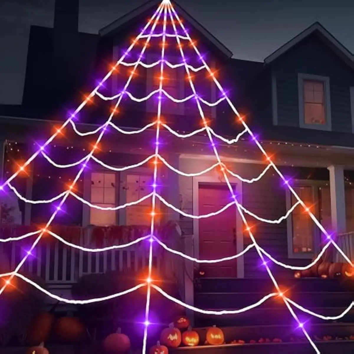 Light-up Halloween Spider Web Decoration Outdoor, 17.4 x 16.4 FT Giant Triangular Web with LED Lights, Timer Cobweb Decor with 8 Lighting Modes for Indoor Yard Porch Haunted House Prop