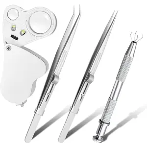 4 Pack Diamond Jewelers Tweezers Holder Pick up Tool Claw Gems Tweezer Grabber Jewelry Locking Tweezers with 30X 60X Jewelers Loupe Magnifier