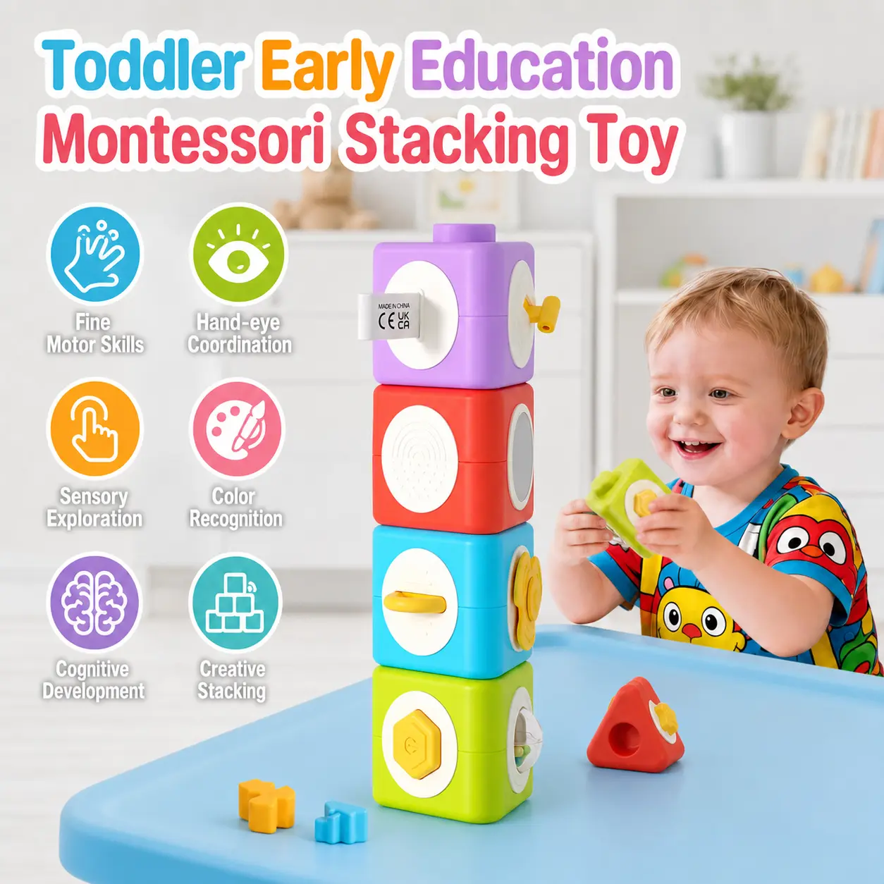 12-in-1 Plastic Montessori Activity Cube & Stacking Toy Block Set (4-Piece) - Educational Sensory Travel Toy for 1-2 Year Olds/12-18 Months, Airplane/Car Use, Children Development Birthday Gift