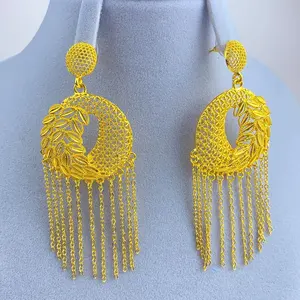 African Dangle Bridal Earrings, Gold-Plated Round Tassel Pendants for Nigerian Wedding Party, Long Statement Jewelry Gift