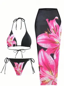 New Women's High Stretch Lily Print Halter Bikini Two-Piece Set, Sexy Mesh Cover-Up Dress, Beach Swimwear, Spa Party Wear