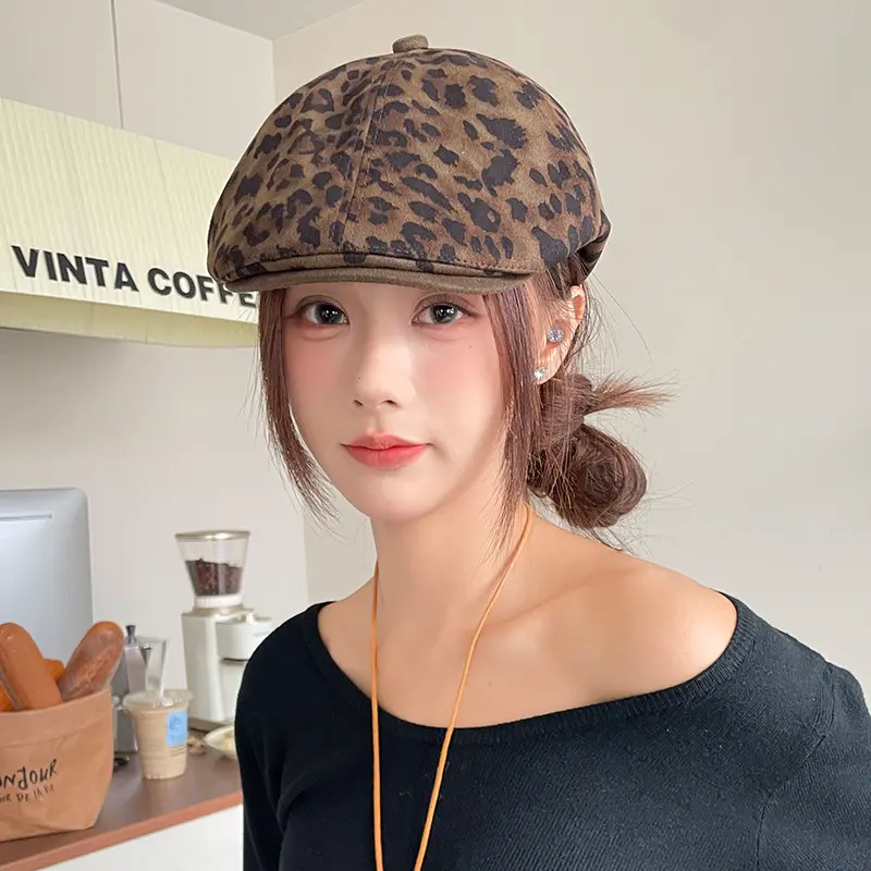 New Suede Leopard Print Octagonal Beret Cap For Women Fashionable And Versatile To Show Small Face And Large Head Circumference Forward Hat