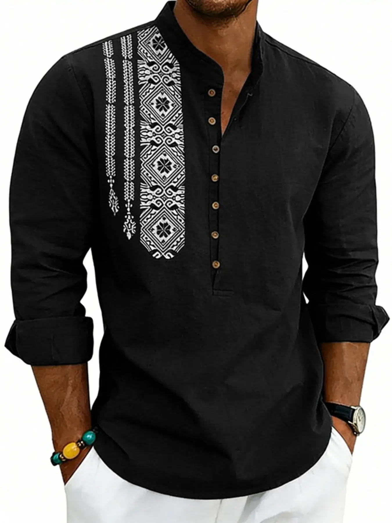 Men's Casual Solid Color Home Henry Shirt, Long Sleeve Bohemian Tribe Print, Loose-Fitting Spring & Fall Top, Plain Style, Casual Fashion Shirt