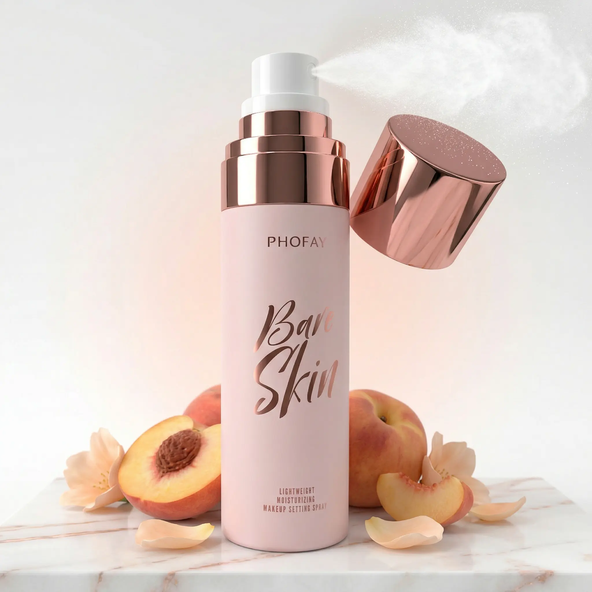 PHOFAY Bare Skin Makeup Setting Spray & Face Mist - 12H Long-Lasting, Alcohol-Free Moisturizing, Waterproof Sweatproof, Peach Scent for Dry Sensitive Skin