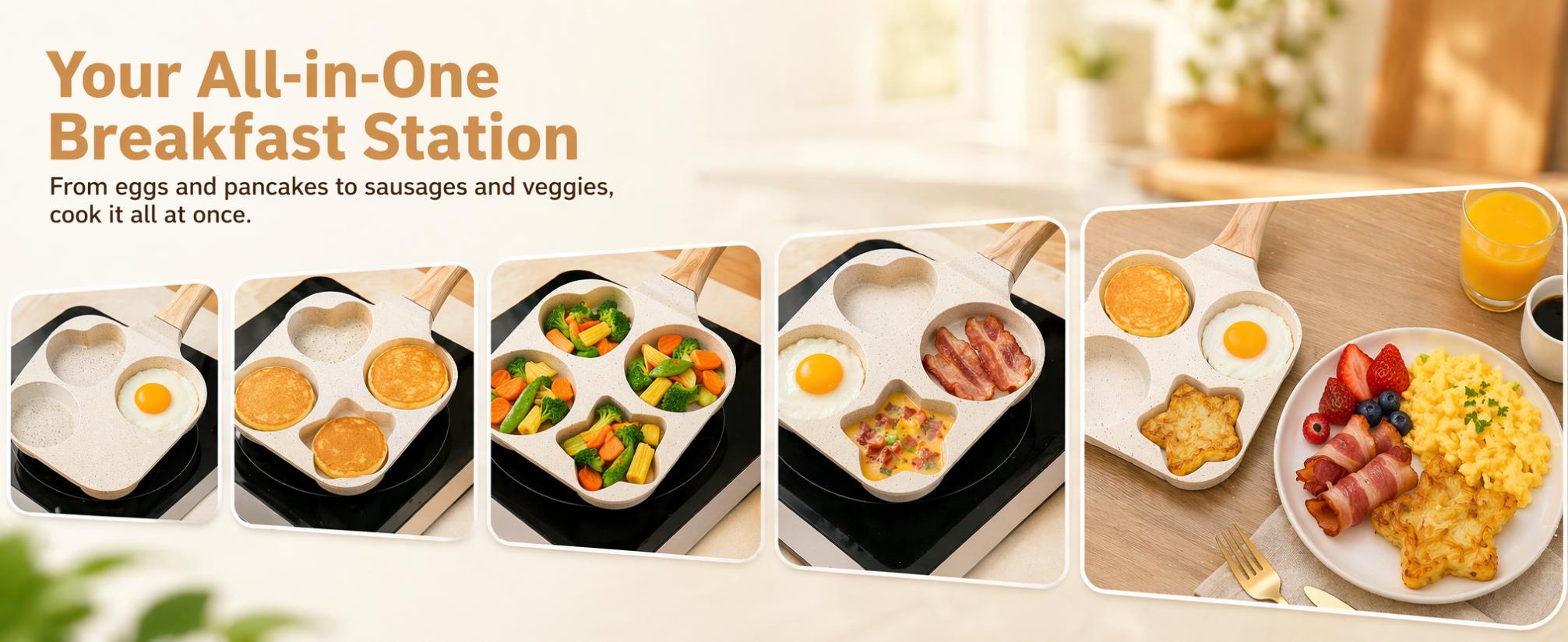 4 Holes Granite Non-stick Egg Frying Pan,   Quick   Breakfast   cooking  Skillet with Anti-scald Wooden Handle, Easy Clean Medical Stone Omelet Cookware, Durable roasting Small Kitchen Gadget for Eggs Pancakes Bacon