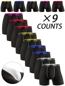 9pcs Men's Comfy Skinny Fit Long's underwear, With contour bands, Long boxer underwear suitable for spring sports and daily casual wear- Soft, Lightweight, Moisture-Wicking. Suitable for participating in various outdoor activities. Men's underwear, Guys