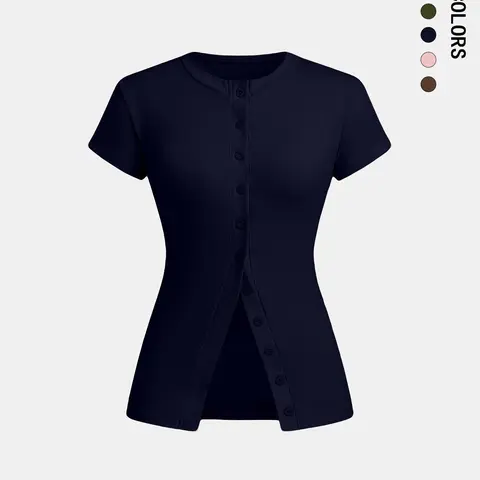 Women's Solid Color Button Basic Smooth Tee, Casual Trendy Tee, Casual Short Sleeve Round Neck Fit T-shirt for Daily Wear, Ladies Clothes for All Seasons, Casual Everyday Tops, Top