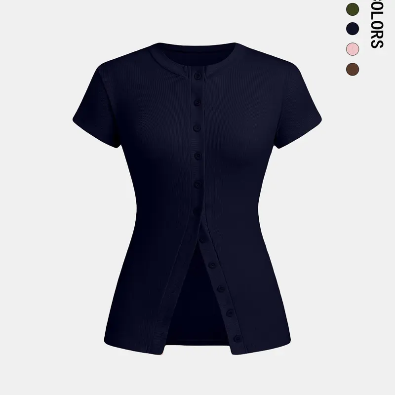 Women's Solid Color Button Basic Smooth Tee, Casual Trendy Tee, Casual Short Sleeve Round Neck Fit T-shirt for Daily Wear, Ladies Clothes for All Seasons, Casual Everyday Tops, Top