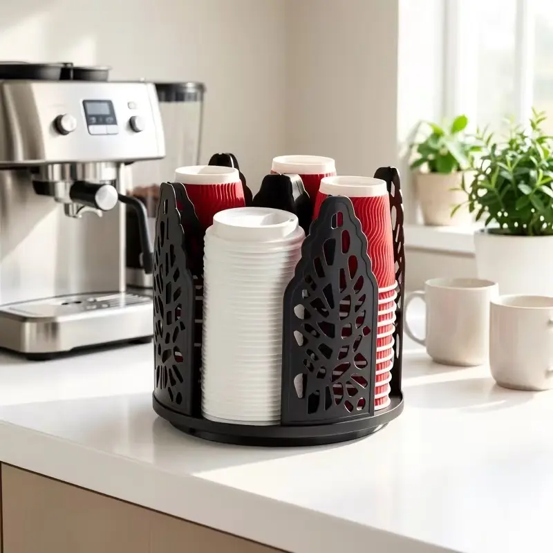 Rotating Paper Cup Holder with 4 Compartments, Disposable Coffee Cup Dispenser, Storage Box, Detachable Plastic Cup And Lid Organizer, Suitable for Countertops, Kitchens, Coffee Stations, And Bathrooms