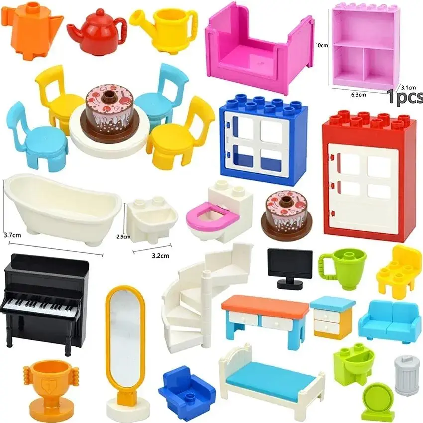 Duplo-Compatible Big Size Particle Construction Building Block Accessories Set - Toy with Figures, Desk, Door, Chair, Bed, Sofa, Bathroom, Kitchen, Wardrobe, Piano, Shower, Dining Table, Stairs, Bedside Table, Sink, Cabinet, Room Accessories, Large Partic