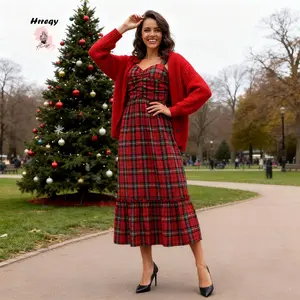 Women’s Tie Shoulder Christmas Dress Sleeveless Sweetheart Neck Plaid Print Dress Holiday Midi Dress