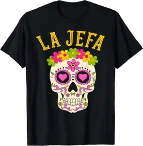 100% cotton Unisex La Jefa Sugar Skull Dia De Los Muertos Costume Women T-Shirt