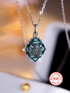 925 Sterling Silver Artificial Gemstone Decor Zirconia Pendant Necklace with Box, Necklace for Women & Girls, Jewelry Accessories for Party, Daily Clothing with Box