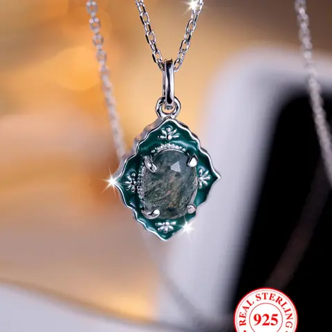 925 Sterling Silver Artificial Gemstone Decor Zirconia Pendant Necklace with Box, Gift Necklace for Women & Girls, Jewelry Accessories for Party, Daily Clothing with Box