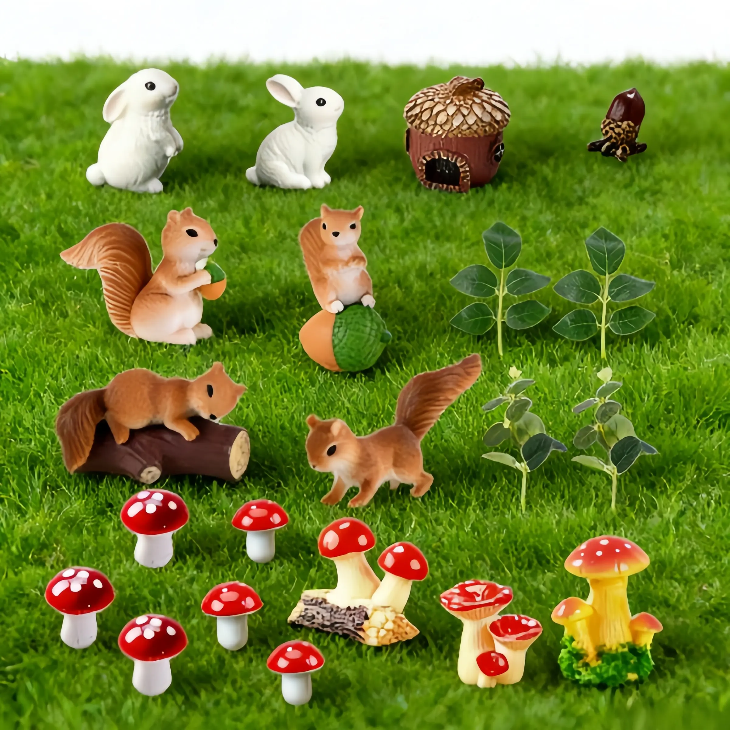 21-Piece Handcrafted Woodland Fairy Garden Decor Set - Resin Squirrel, Rabbit Figures, Acorn, Mushroom Accents, Christmas Gift, Home Decoration