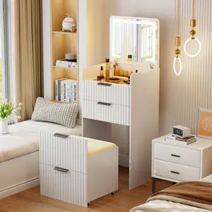 FREDEES 3 in 1 Small Vanity Desk with Plip Top Mirror,Makeup Vanity Set with Visible Glass Desktop,Compact Vanity with 3 Drawers,Storage Compartment and Padded Stool,Dressing Table for Bedroom