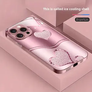 Pink Metal Tempered Glass Hard Phone Case with Glitter Heart Pattern, Compatible with iPhone 17, iPhone 17 Air, iPhone 17 Pro, iPhone 16/16 Pro/16 Plus/16 Pro Max/15/15 Pro/15 Pro Max/14/13/12/11, Lens Protection, Smart Phone Case, Shiny Design, Fashion
