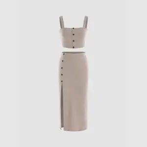 Cider [3 colors, size 2-10] Solid Rib Crop Tank Top & Slit Skirt Set