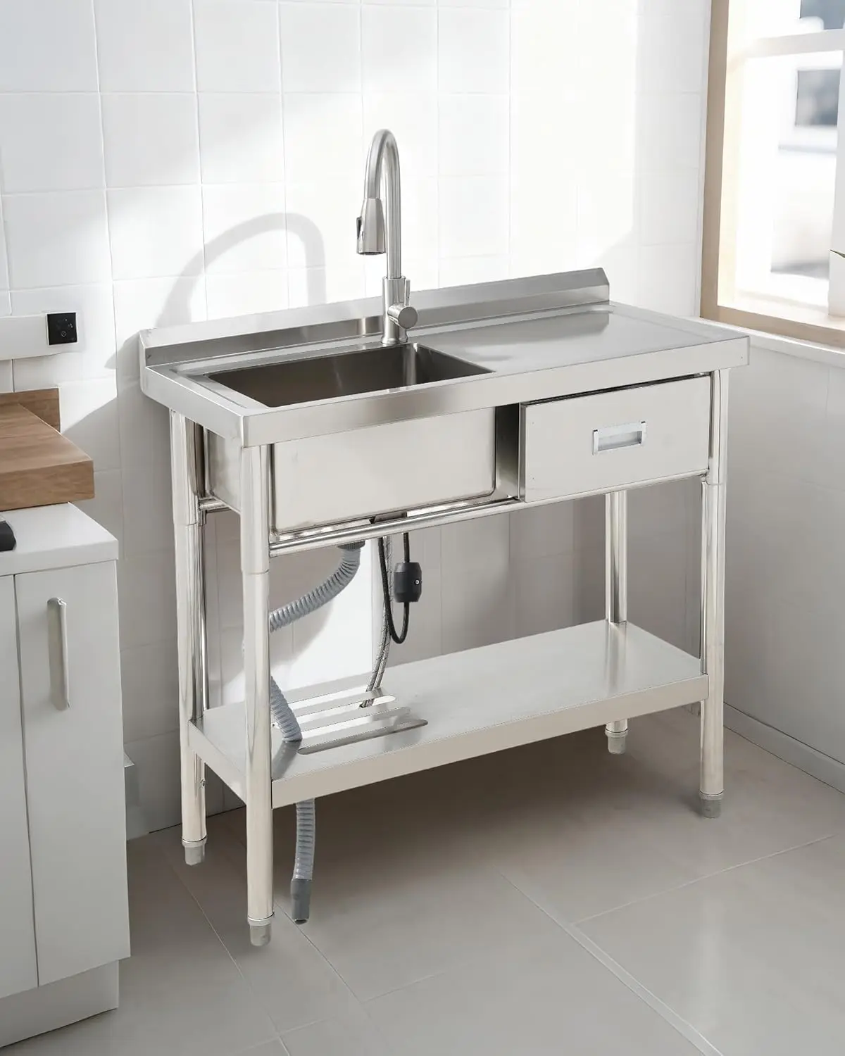 99cm Stainless Steel Freestanding Utility Sink, Single Bowl with Drawer, Shelf, Tap and Complete Plumbing Kit